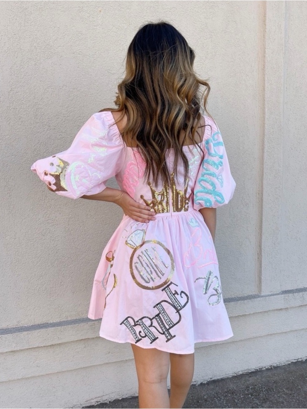 QUEEN OF SPARKLES Pink Puff-Sleeve Mini Dress with Bride Metallic Accents